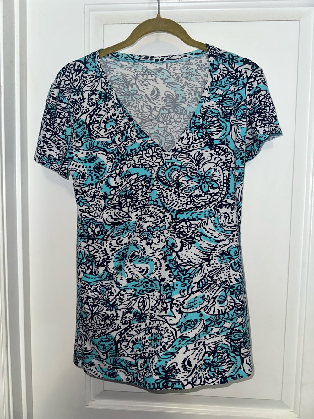 Lilly Pulitzer Short Sleeve V-Neck Paisley Floral Top - Teal & Black